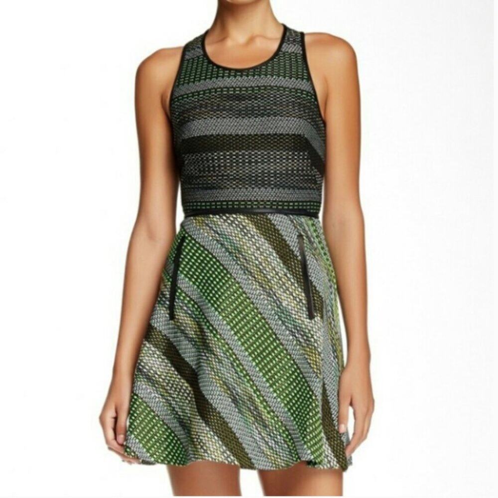 Andrew Marc Green Black Striped Mini Dress